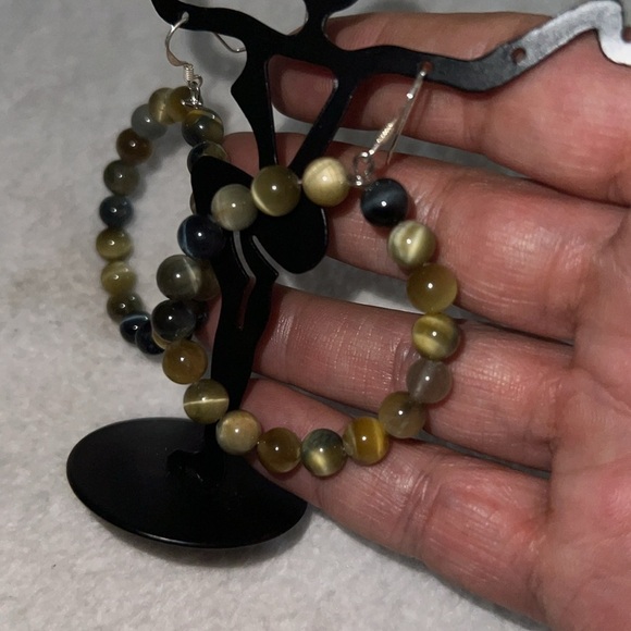 Sterling Silver Tiger’s Eye Hoop Earrings – Natural Gemstone Beads - Picture 2 of 3